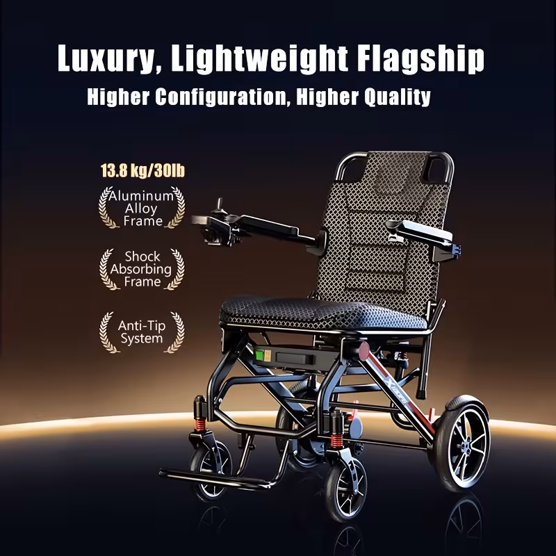 an airline electric wheelchair this luxurious lightweight model is foldable with a total weight of 13 8kg 30 4 lb the 12ah battery achieves a 15km range integrating intelligent anti tip and multiple shock absorption features Product details 0