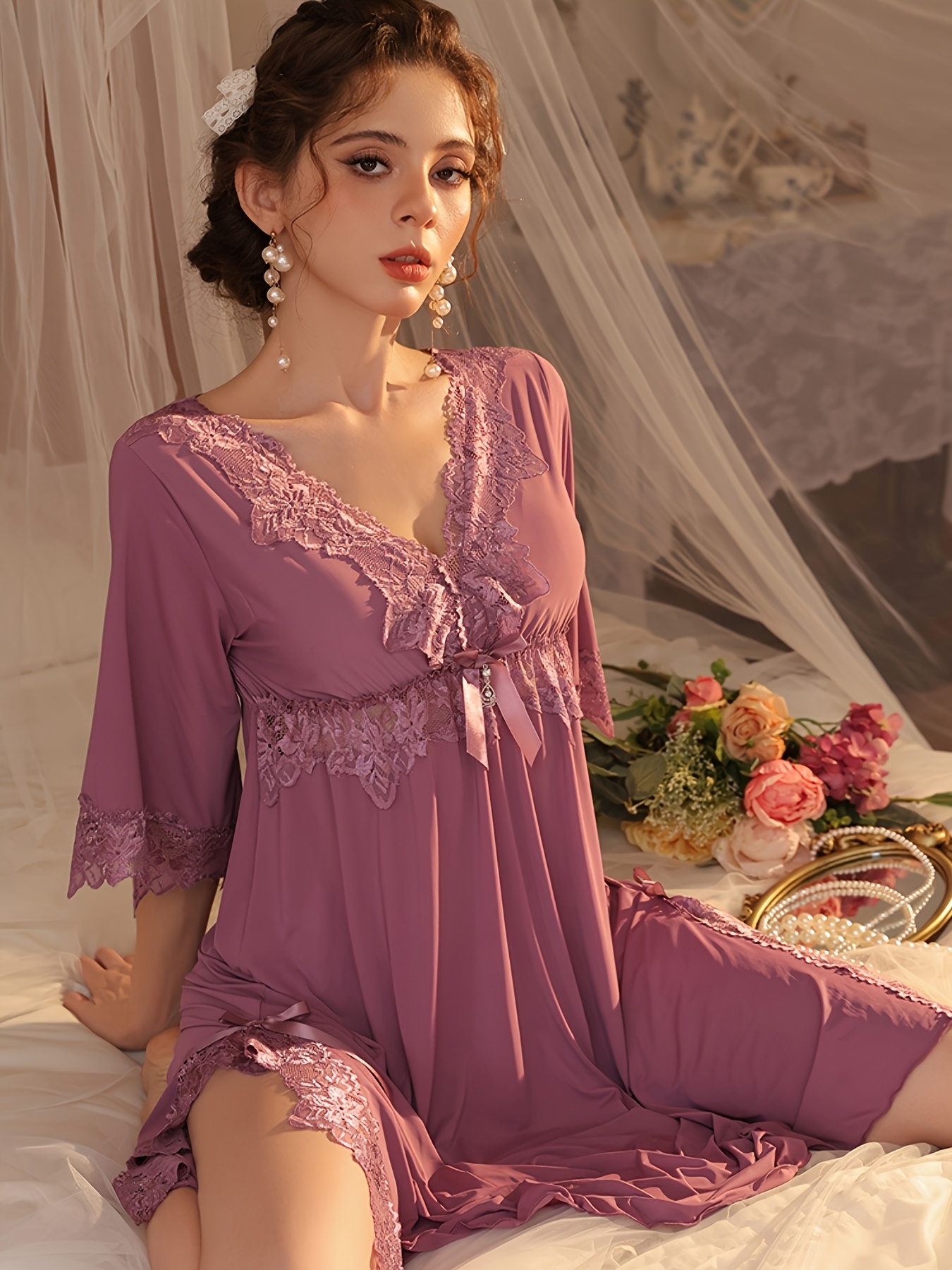 chinese dress ladies Women Lace Trim Slit Nightgown, Lace Trim Side Slit Modal Cami Sleep Dress,  High Hem Chemise Spaghetti Strap Nighty (Black,Small) at Amazon Women's  Clothing store main image 1