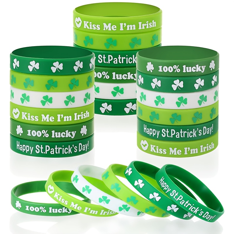 

24 Pack 's Day Silicone Wristbands - Green Shamrock Bracelets With Messages For Party Favors, Fillers,