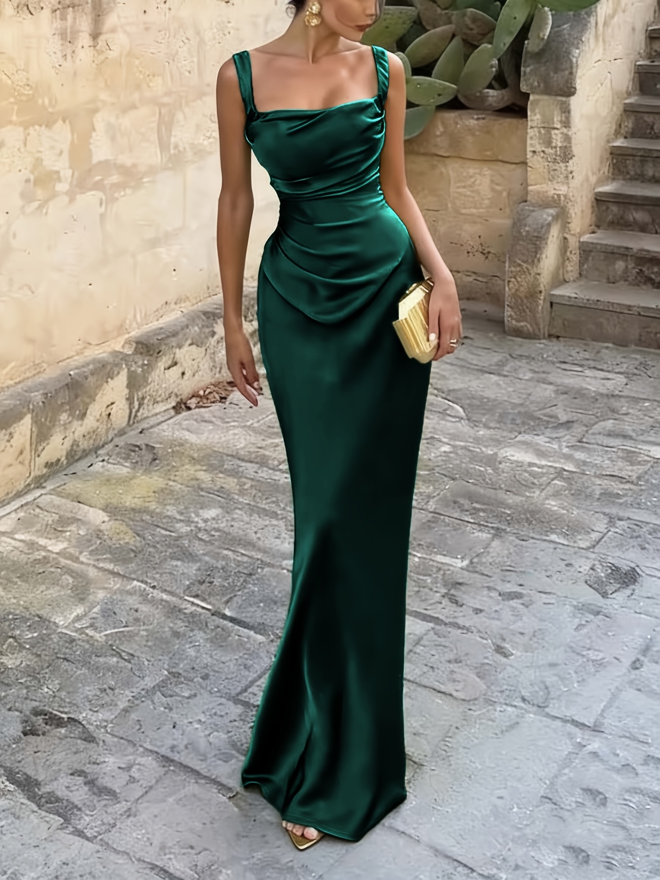 slim fit dress slacks Women's Midi Dress Party Dress Satin Dress Solid Color Champagne Sleeveless Pure Color Split Ruched V Neck Stylish Elegant Sexy Dress