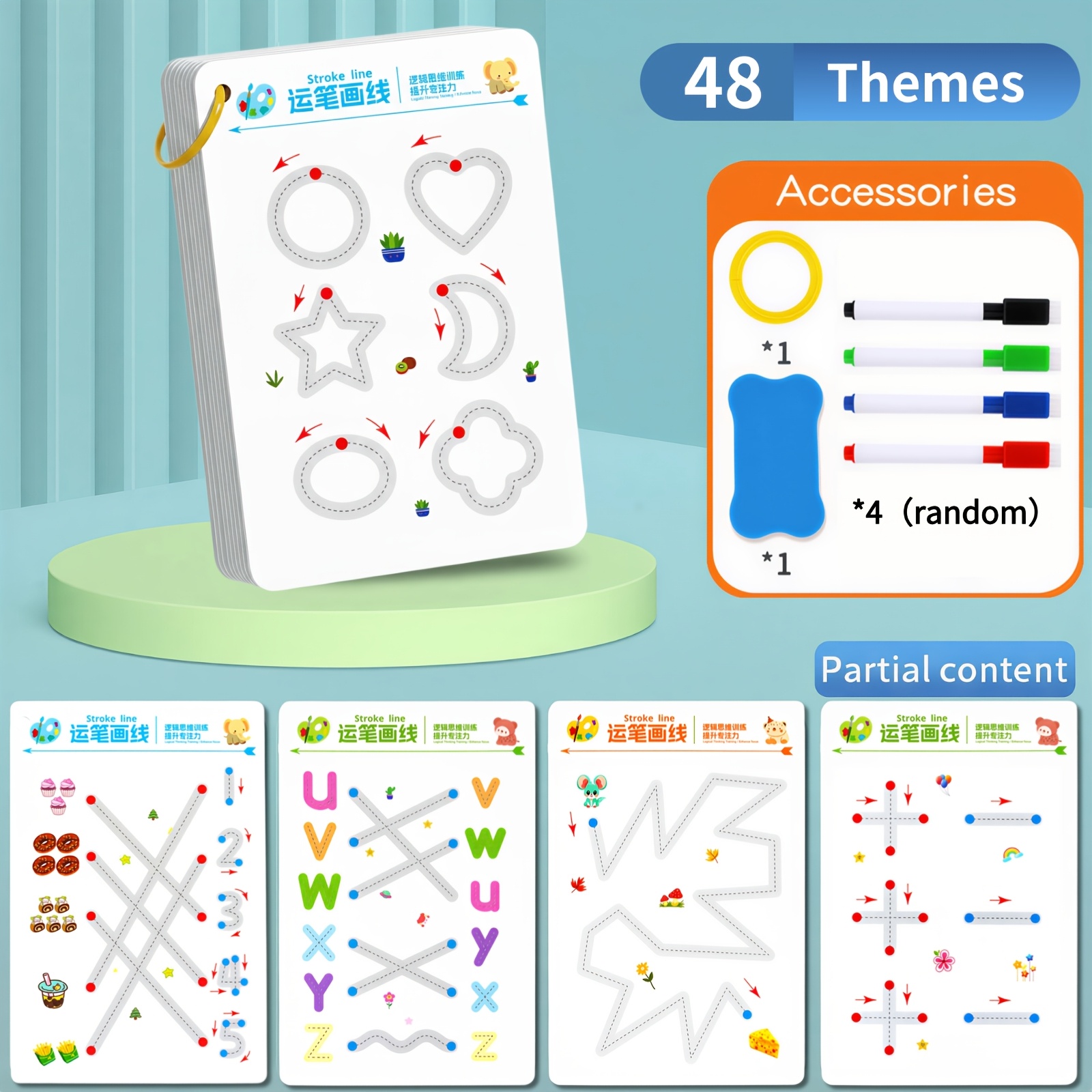 Image of 48-themes Reusable Pen Control Tracing Book, Wipe-clean Activity Book With 4 Markers & Eraser, Educational Fine Motor Skills Thinking Training For Early Learning, Ideal Birthday Gift For Kids