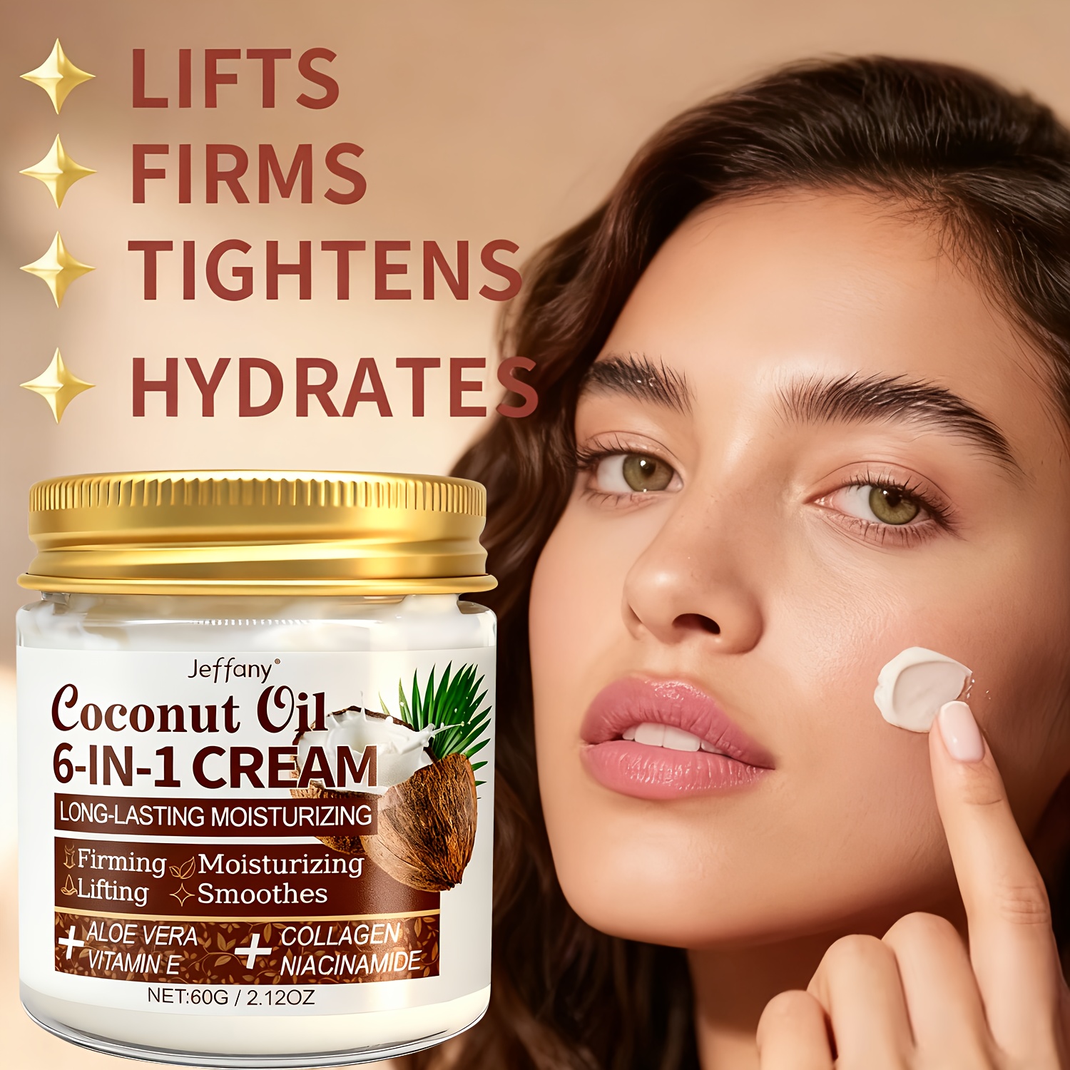 Cremă 6-În-1 cu Ulei de Cocos - Cremă Hidratantă 72 de Ore pentru Față, Corp și Gât, Conținând Aloe Vera, Colagen, Niacinamidă, Vitamina E, Hidratare Profundă și Hidratare, Hidratează Pielea, Lifting și Fermitate, Hidratare de Lungă Durată