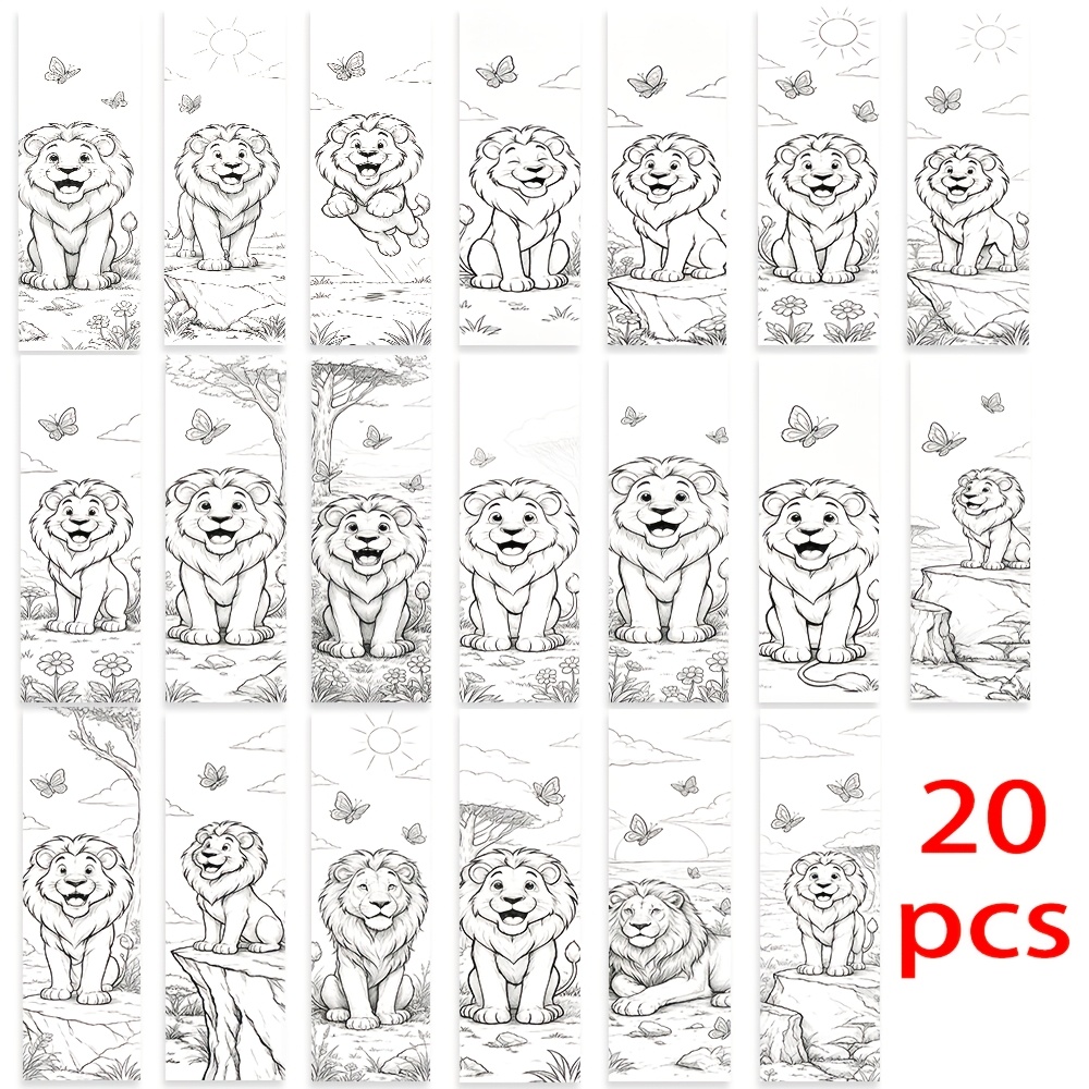TEMU 20pcs Bookmark Set, Black And White Line Art, Cute Lion, Animal, Cartoon, Forest, Hand-drawn, , Kawaii, 2d Printed Practical Bookmarks, Daily