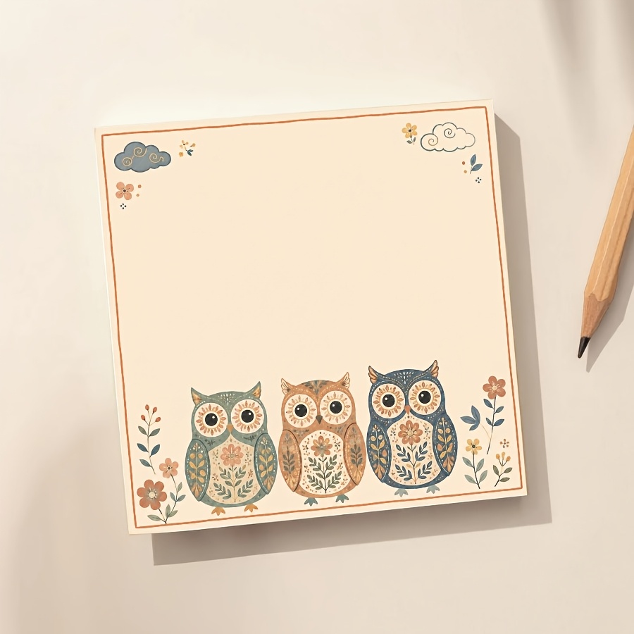 TEMU Boho Vintage Kawaii Owl Memo Pad - Square Suitable For School & Office, Cute Botanical Owl Trio With Aesthetic Desk Stationery For Journaling,
