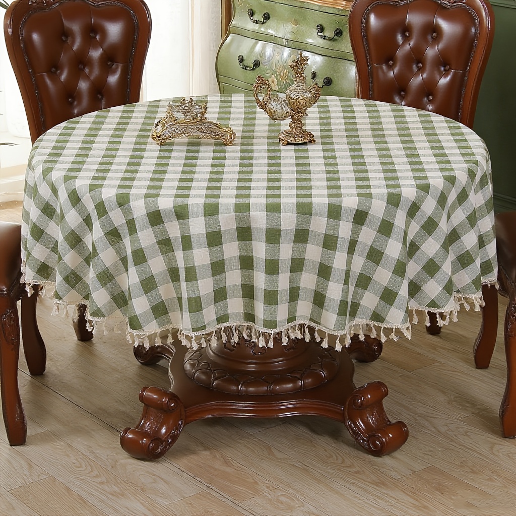 1pc White Green Checkered Round Tablecloth Polyester Linen with Beige Tassel Pendant, Farmhouse Style for Dining Coffee Desk Christmas Thanksgiving Halloween Party Holiday Gathering Kitchen Restaurant Decor