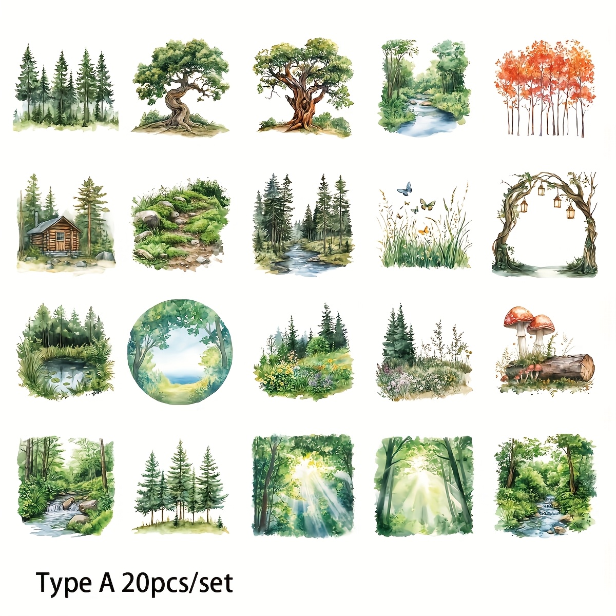 E-shop 20 Stück/Satz Waldlandschaft Bäume Flusshaus 2D Flache Handgemachte Aufkleber, 2D Flach
