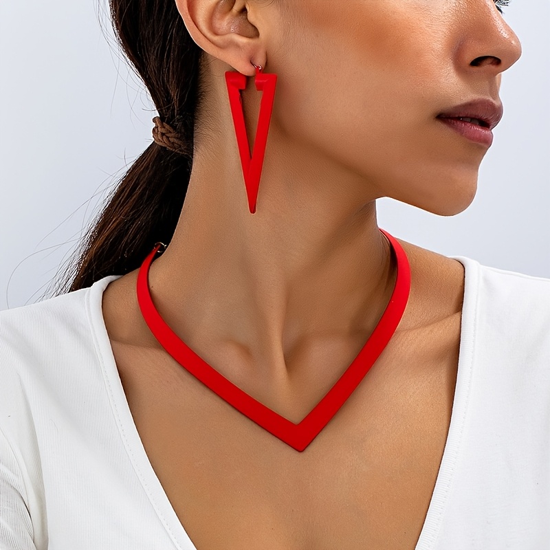 Image of 1 Set Western Style Easy Bohemian Triangle Earrings, Fashionable Individual Street Design Statement Necklace And Ear Jewelry Women's Set