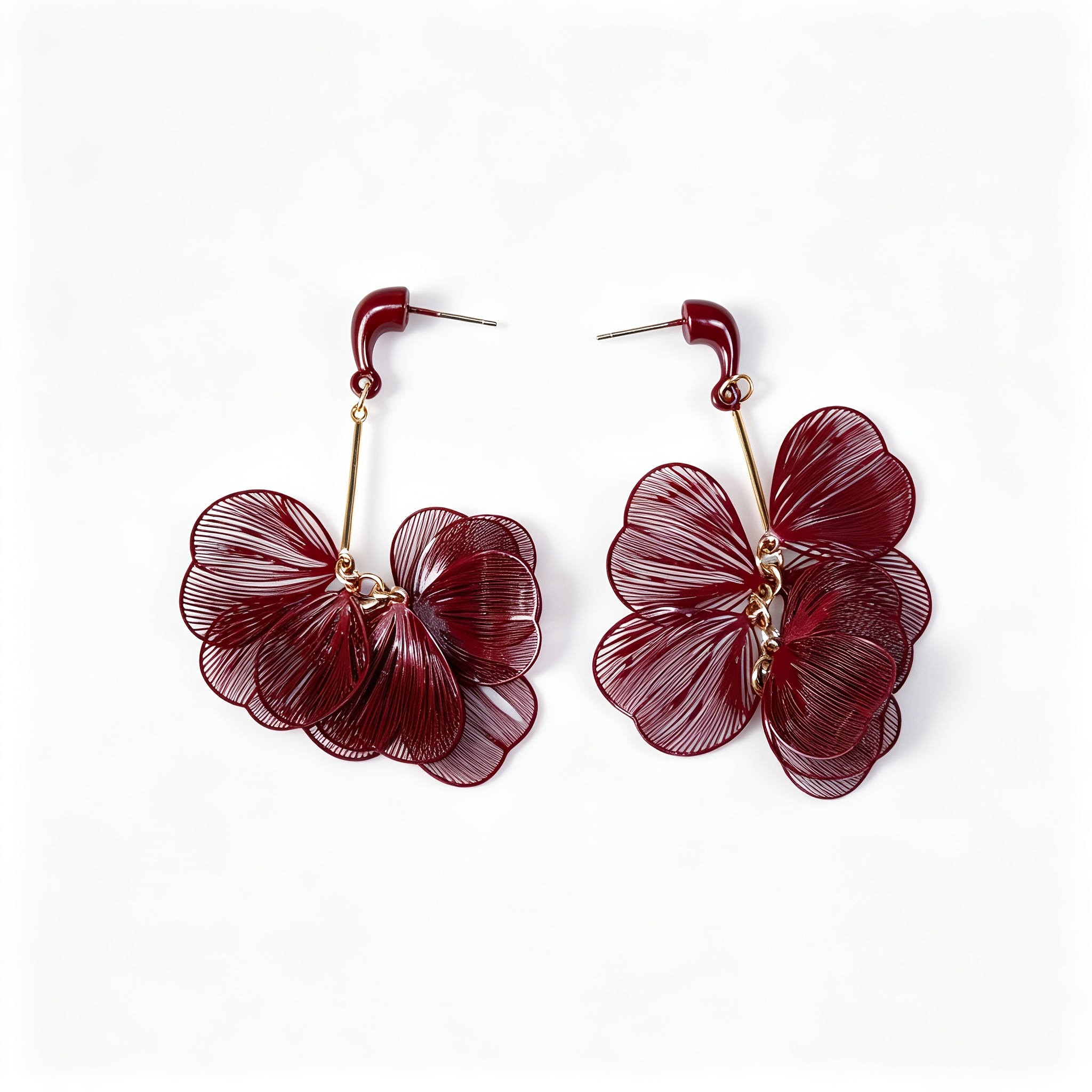 TEMU Gorgeous Wine Red Hollow 3d Petal Dangle Earrings, Hypoallergenic Stainless Steel Stud Lightweight Slim Face Drop Jewelry For Women Wedding