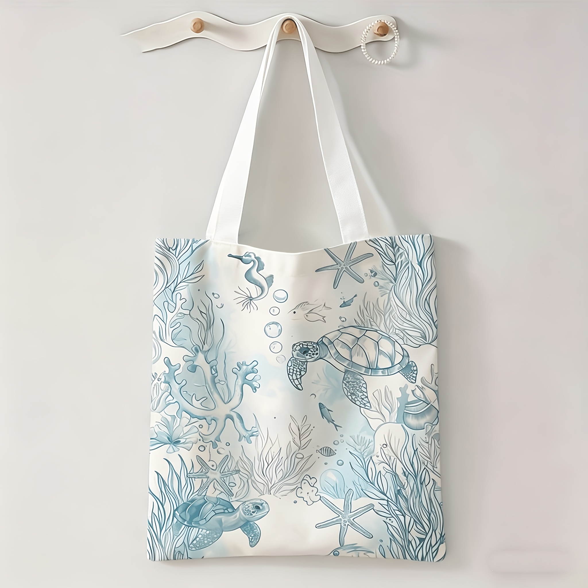 TEMU Blue Print Large Capacity Tote Bag, Foldable Shoulder Backpack, Suitable For Travel And Daily Commute