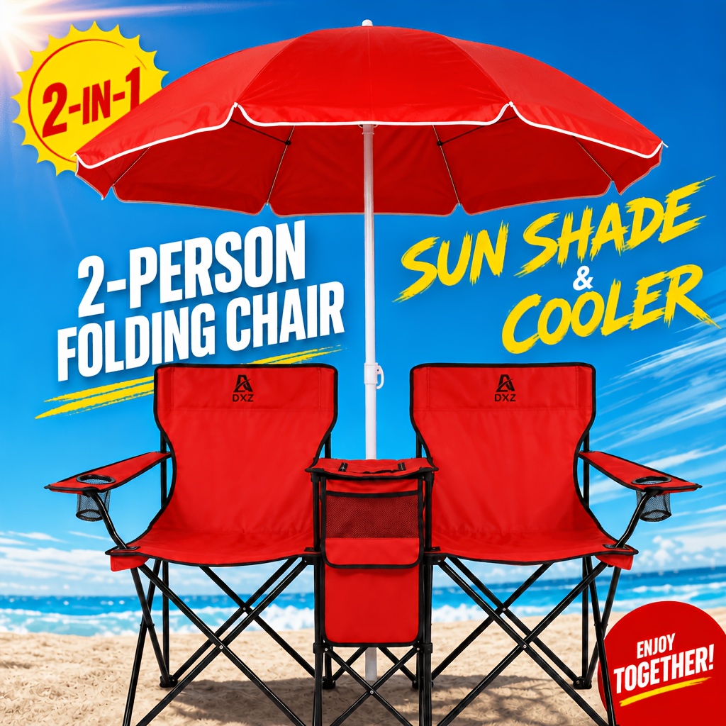 Dxz Two-seat Folding Camping Chair With Sun Umbrella, Portable Chair With Cooler Storage & Cup Holders, Foldable Lawn Chair For Beach, Pool, Patio, Fishing, Picnic, Backyard Parties & Outdoor Trips