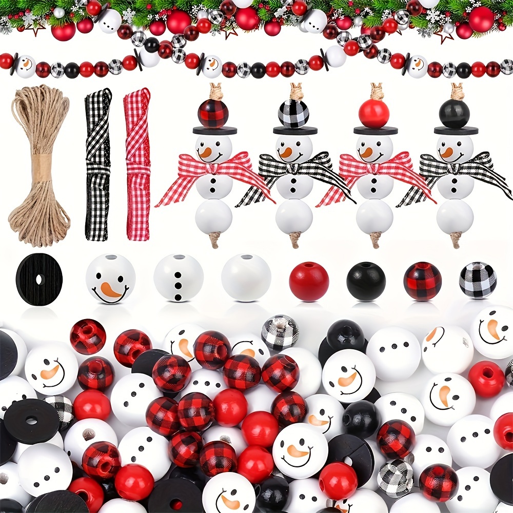 

80pcs Christmas Wooden Beads With Scarf Diy Crafts & Farmhouse Decorations Snowman Design With Colored Buffalo Plaid Beads