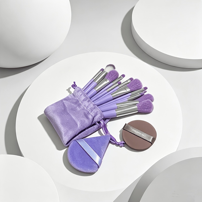 TEMU Ensemble d'outils de Cosmétique 16 pièces, comprenant 13 pinceaux de Cosmétique souples violets, 1 houppette triangulaire violette, 1 houppette