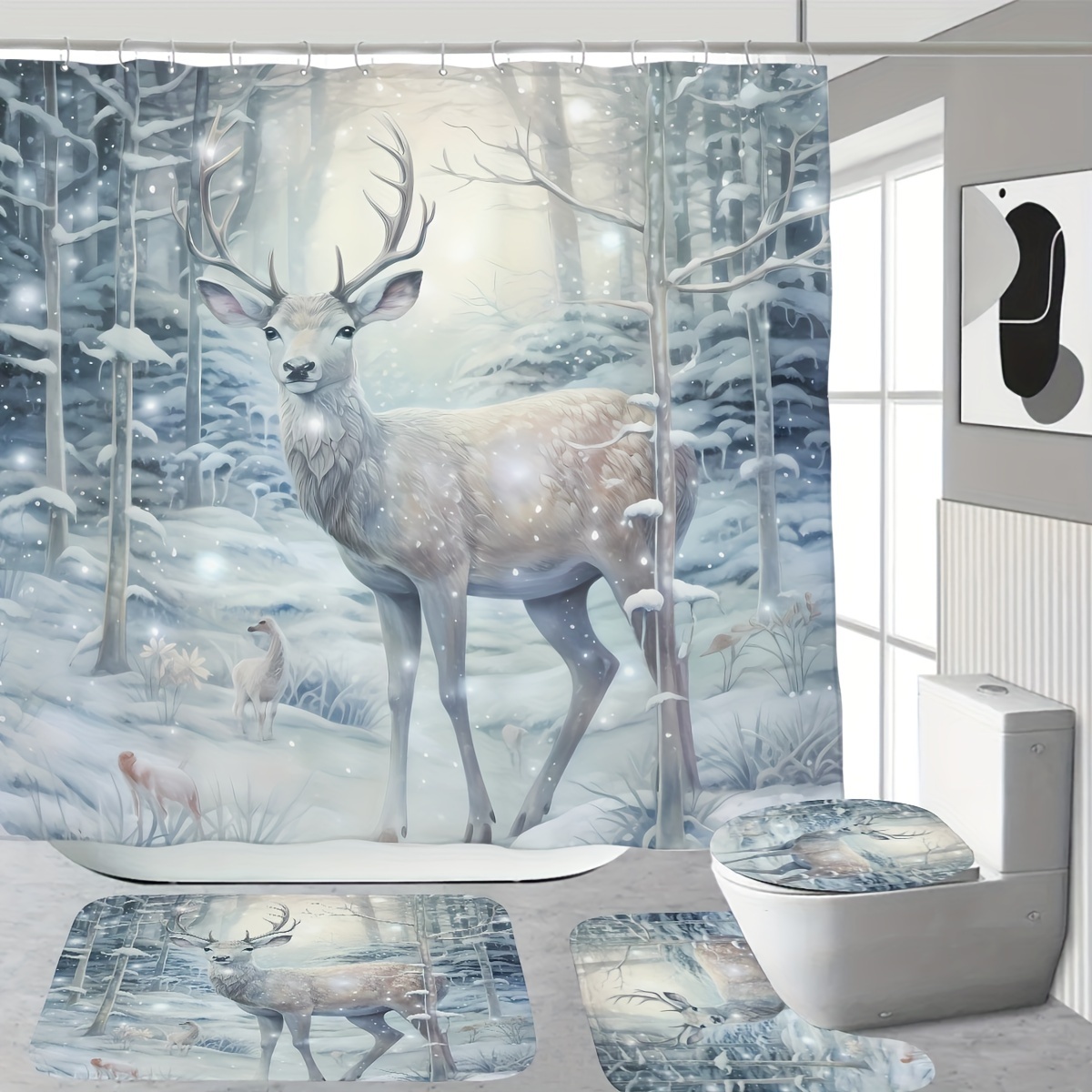 

Winter Deer Scene Shower Curtain Set With Bath Mat And Toilet Lid Cover, Digital Print Polyester Fabric, Snowy Forest Animal Theme Decor, Cordless, Woven Arts Design, Includes 12 Hooks - 1/3/4 Pieces