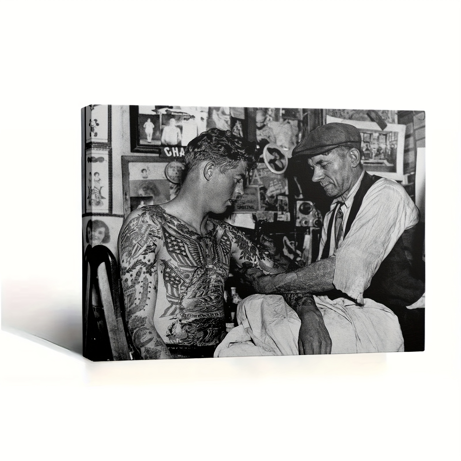 TEMU 2d Flat, 1pc Framed 2d Flat Canvas Painting Vintage Tattoo Scene, Perfect For Decorating Living Rooms, For Man Caves, Tattoo , Barber Shops, And