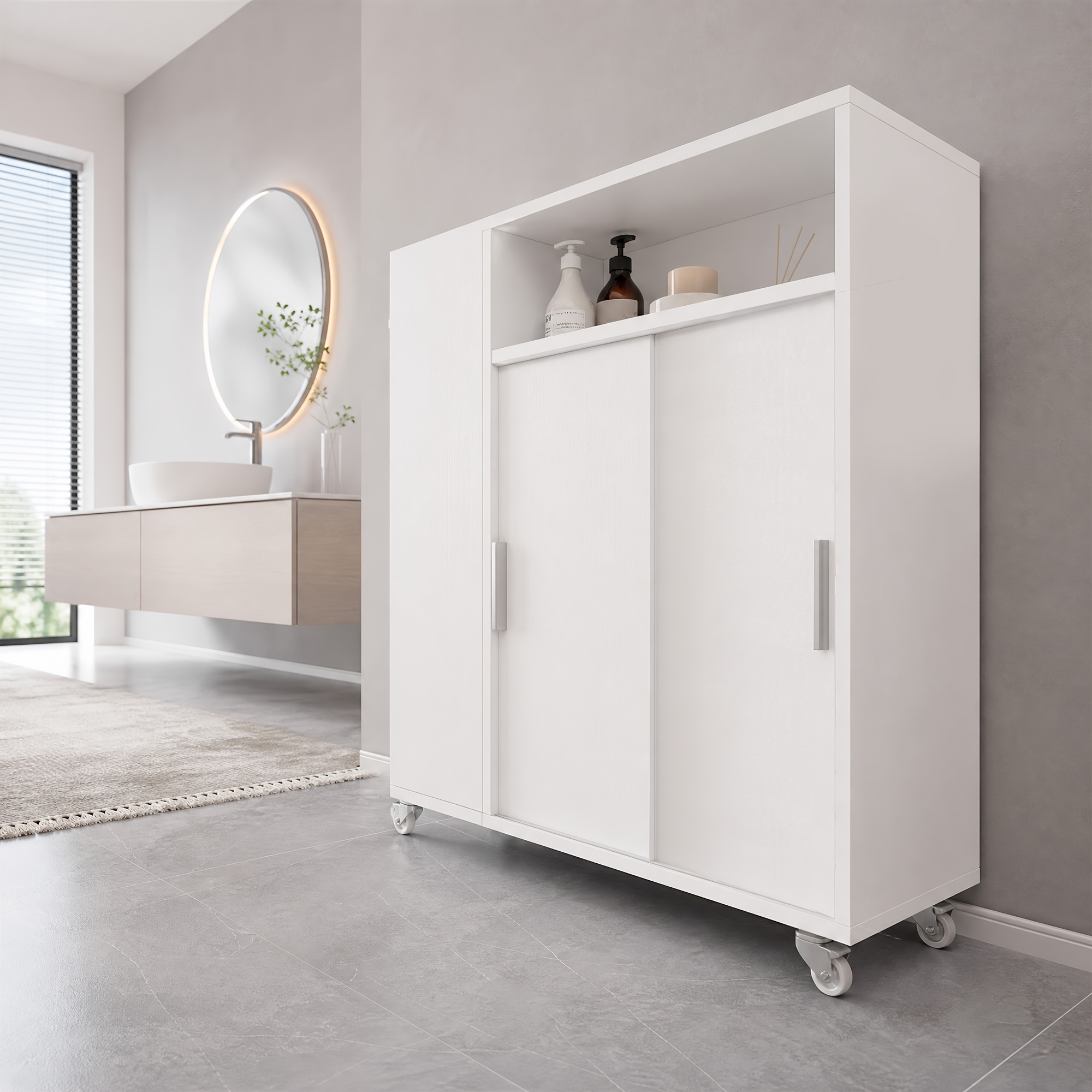White Narrow Bathroom Vanity, 20.3 X 80.3 X 70.3 Cm, With Casters, Sliding Door, Adjustable Shelves, And Toilet Paper Holder. Ideal For Small Bathrooms, Kitchens, And Living Rooms