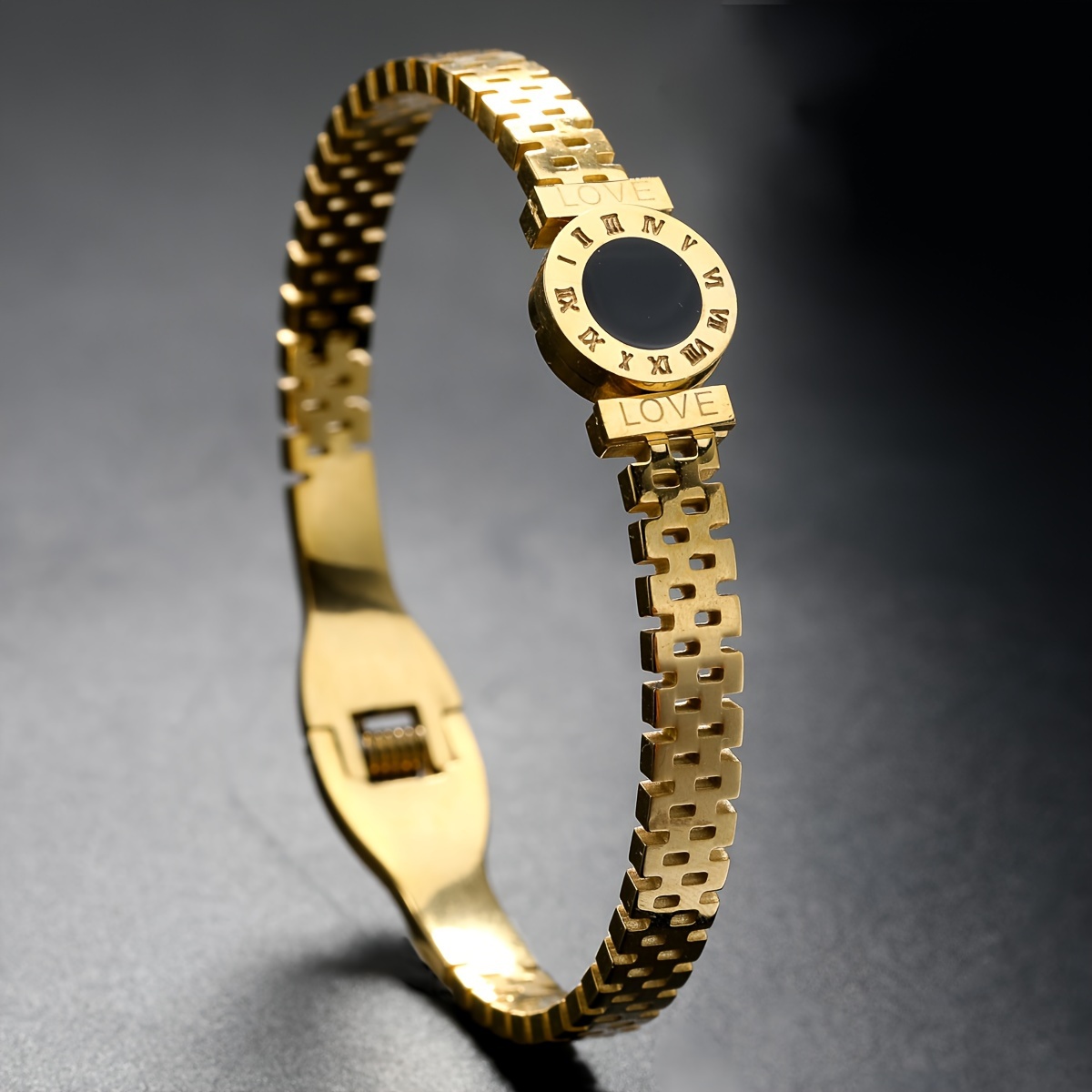 a golden stainless steel bracelet for men and women featuring a sparkling watch band with a black dial roman   and a   making it a stylish piece of jewelry for couples   perfect as a wedding party Product details 3