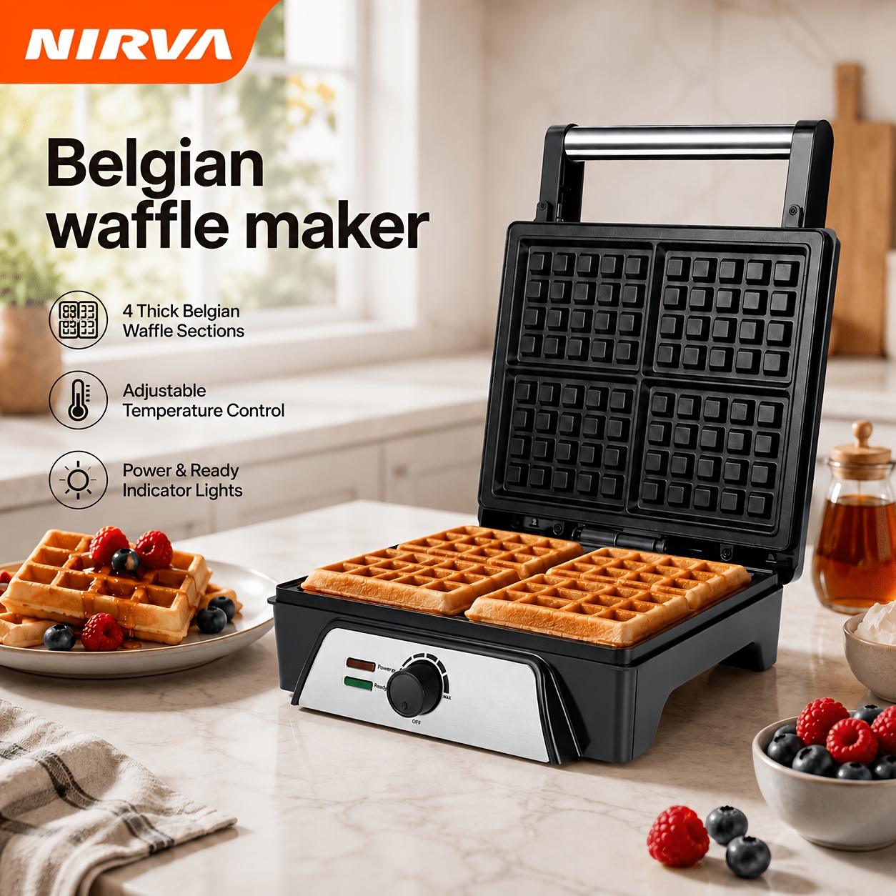TEMU NIRVA Machine à Électrique Belge 1600W, de 4 , Opération Facile en 4 Étapes, Grille Profonde Antiadhésive, Bouton de Température Précise &