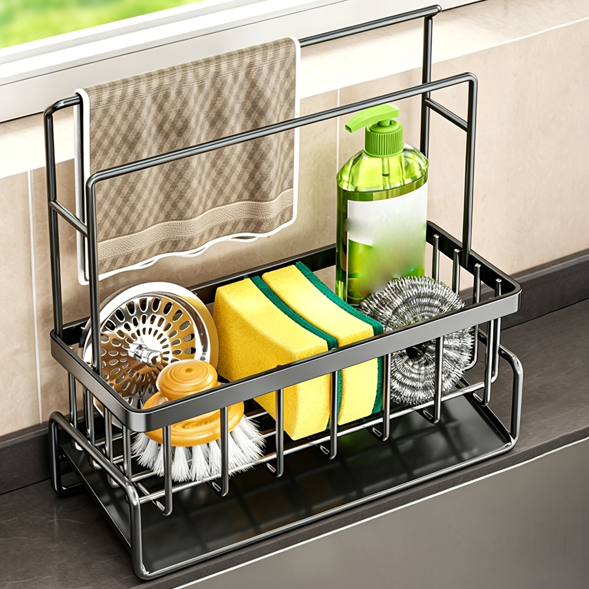 TEMU Carbon Steel Sink Sponge Holder, Kitchen Countertop Organizer With Drainage Tray & Towel Rack, Rustproof Carbon Steel Caddy For Dishwashing