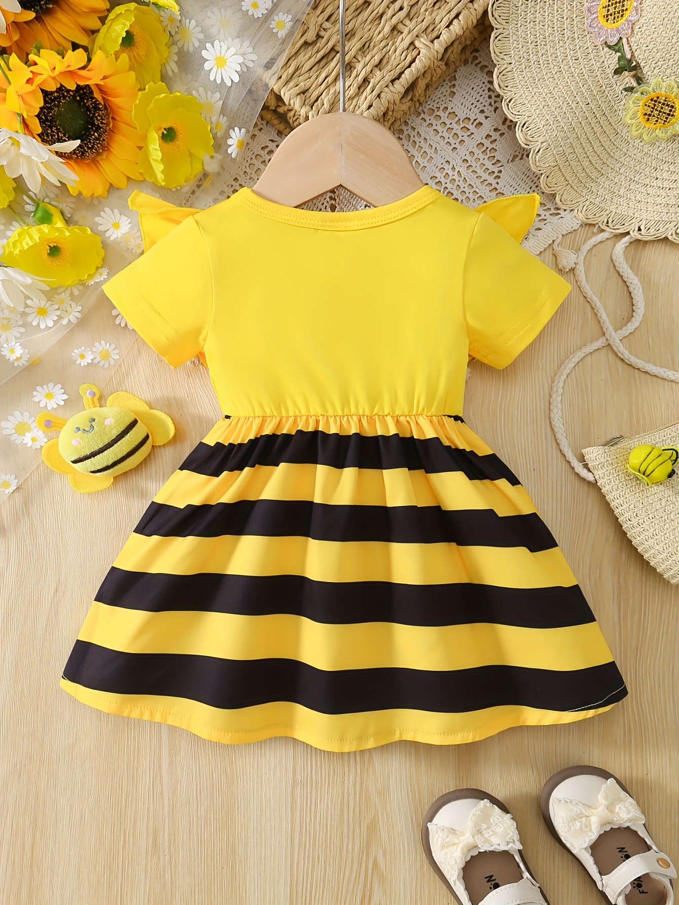 baby girls summer dress adorable bee embroidery yellow black