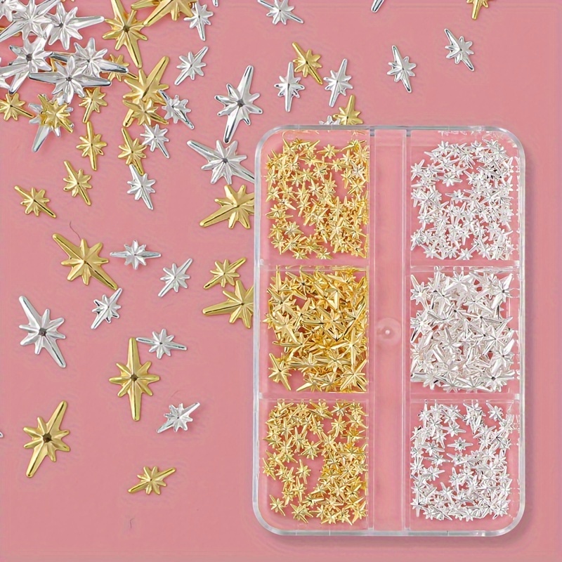 Image of 430pcs/box Hypoallergenic Nail Art Studs Set, 3d Golden & Silvery Cross Star Charms, Mini Rivets, Diy Manicure Nail Accessories For Women &