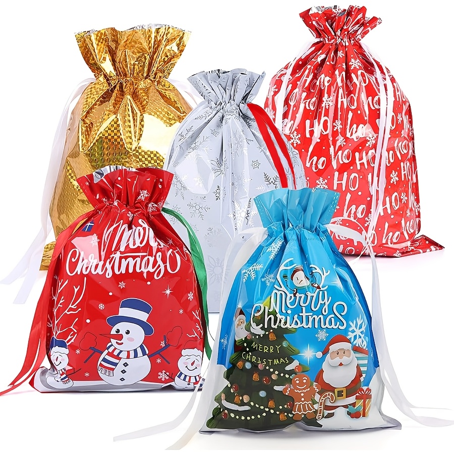 Image of Gift For Her/him Set Of 5 Christmas Drawstring Bags Measuring 24 By 32 Cm, Featuring Designs For , Perfect For Reusable Gift Packaging