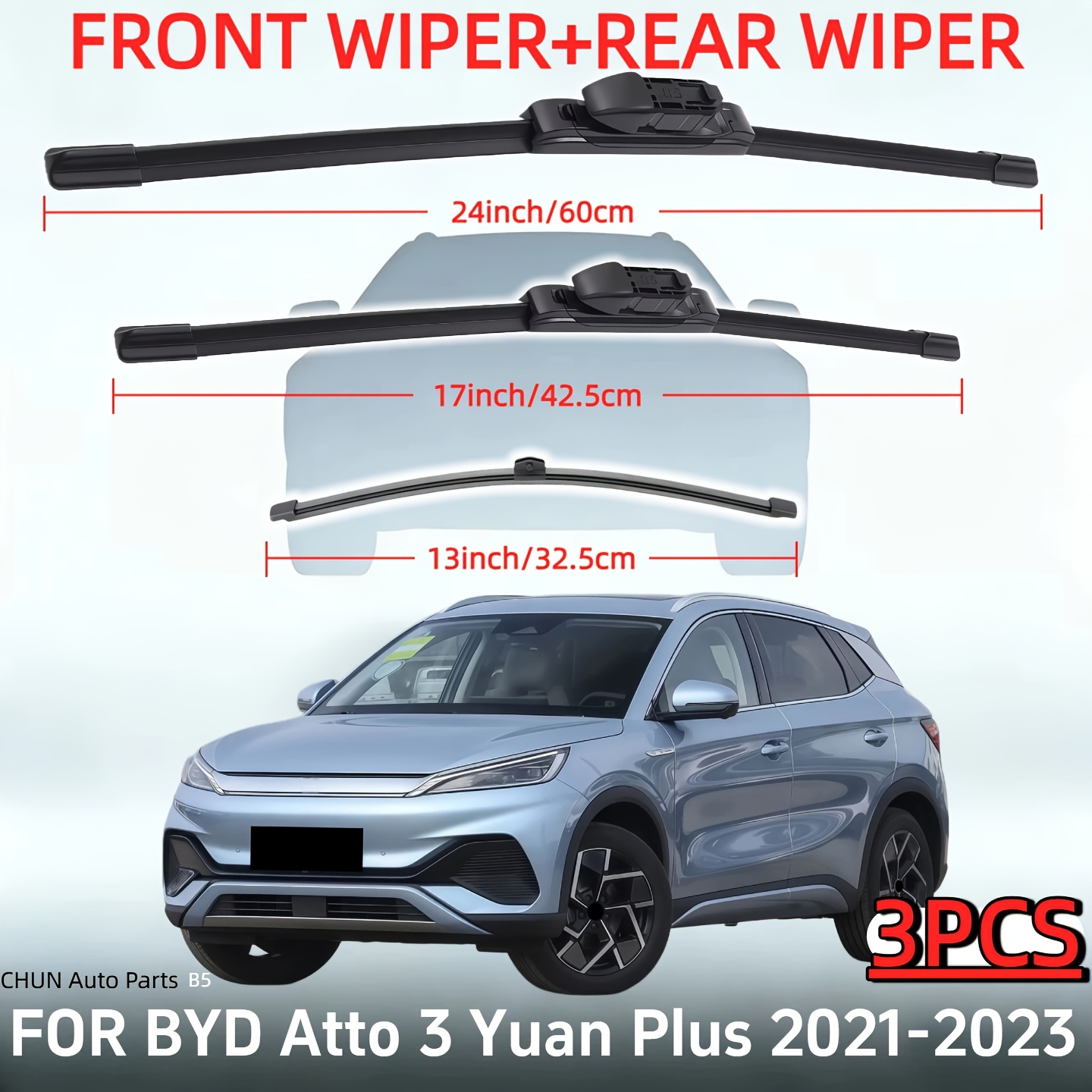 TEMU Suitable For Byd 3 Yuan Plus 2021 2022 2023 Windshield Wiper Blade Replacement - 24-inch And 17-inch And 13-inch Premium Front And Rear Wiper