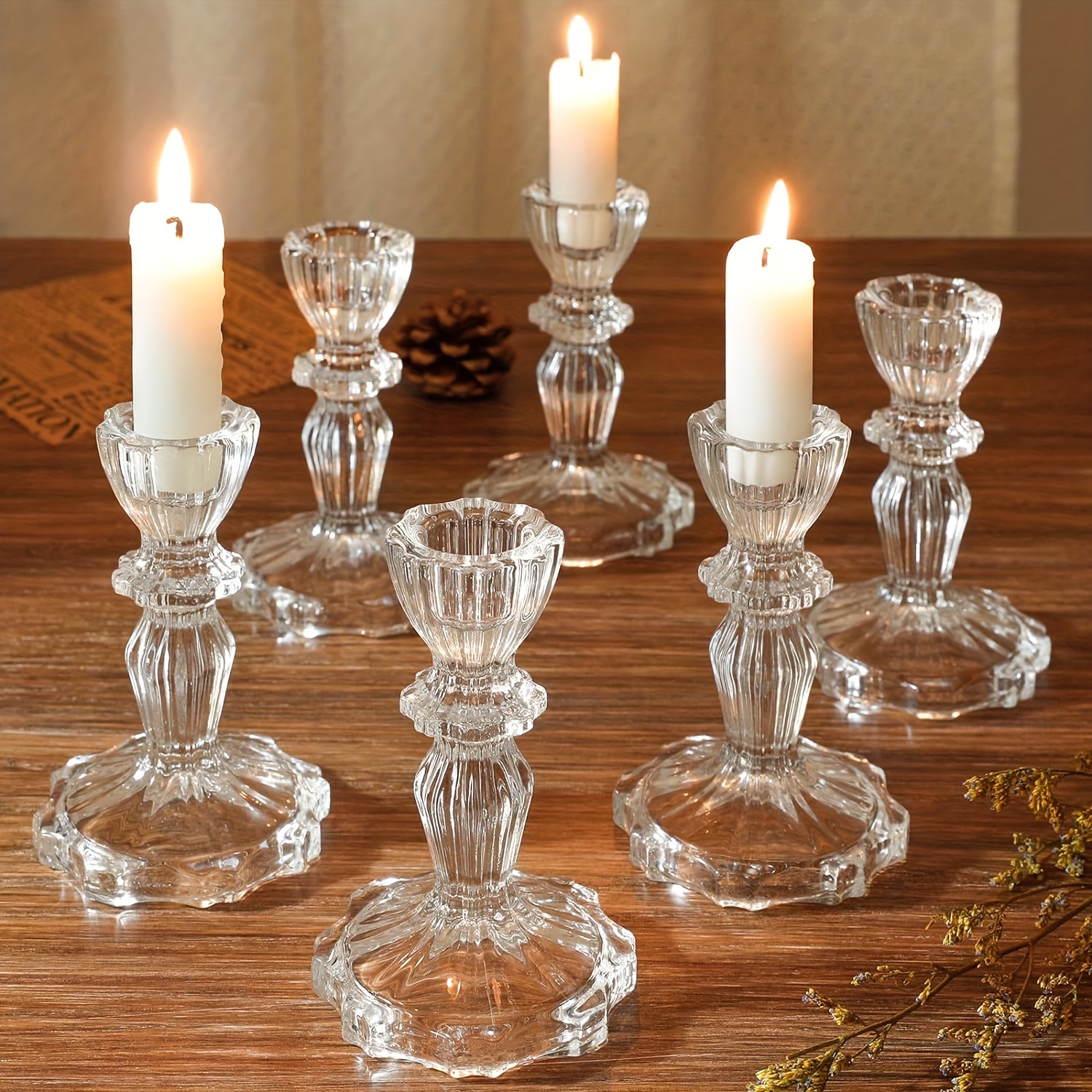 TEMU 6pcs/set Of Clear Glass Candle Holders For Candlesticks, Glass Taper Candle Holder Candlesticks Holder Decor For Wedding Birthday Party Christmas Valentines Day