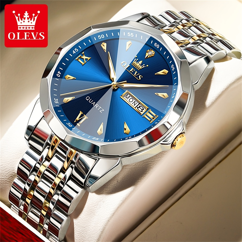 Image of Olevs Watch For Men Classic Quartz Chronograph Business Dress Rhinestone Watches Elegant Luxury Stainless Steel Moon Phase Watches Relojes De Hombre Blue//grey Dial