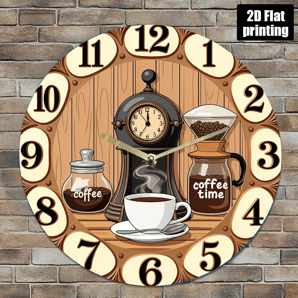 TEMU Horloge Murale Silencieuse en Acrylique de 8 Pouces - Design Café avec Machine à Café, Tasse et "", Décor Vintage pour Cuisine, Salon ou Chambre
