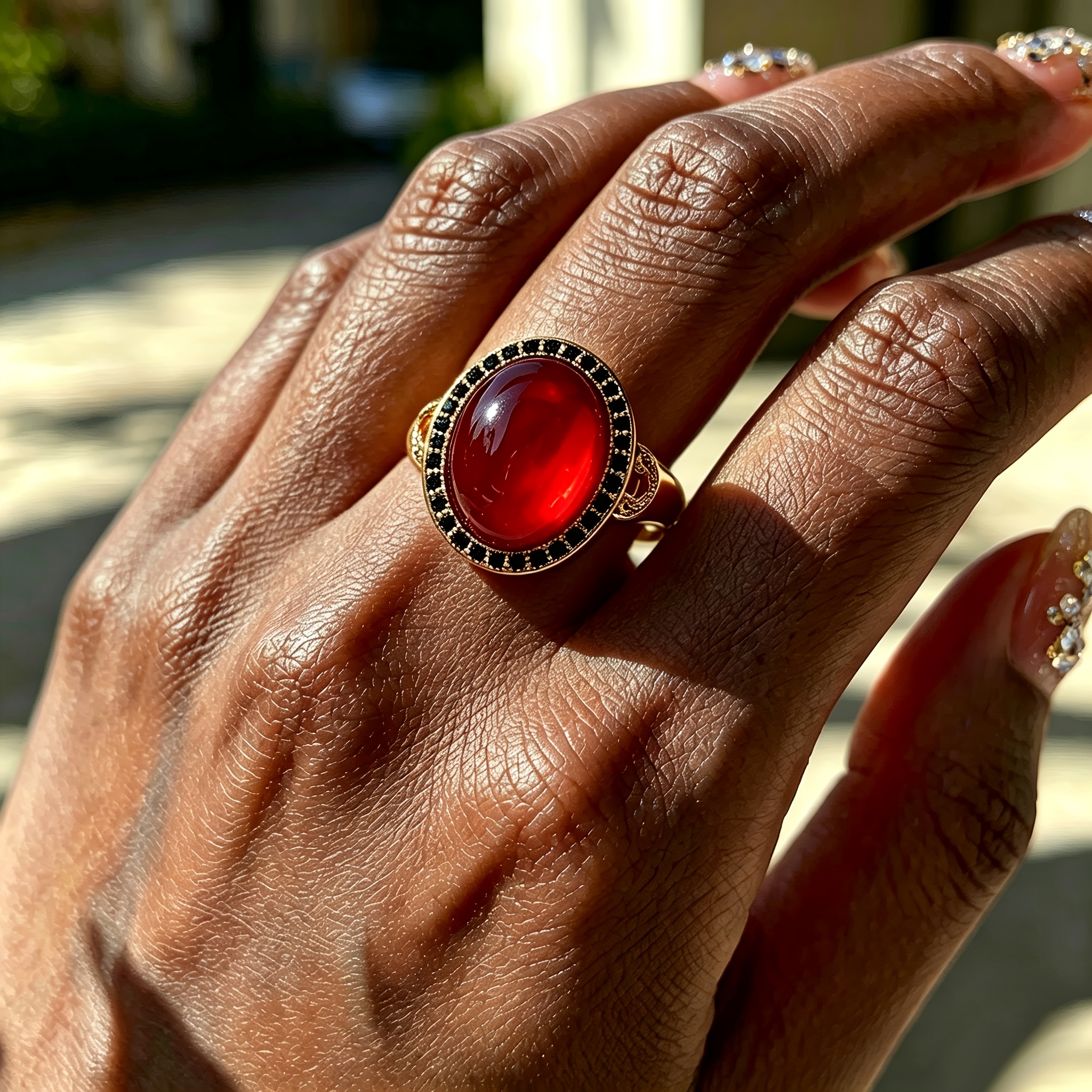 Women's Retro Court Style Red Agate & Black Zirconia Ring