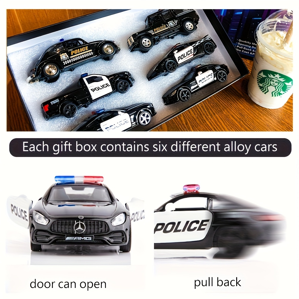 Image of Simulation 1:36 Alloy Golden 6pcs Police Car Gift Box Set Includes A Sedan, Sports Car, And Police Car Models That And Are Pull-back Toys, Perfect For And As Holiday, Christmas, Or Birthday Gifts
