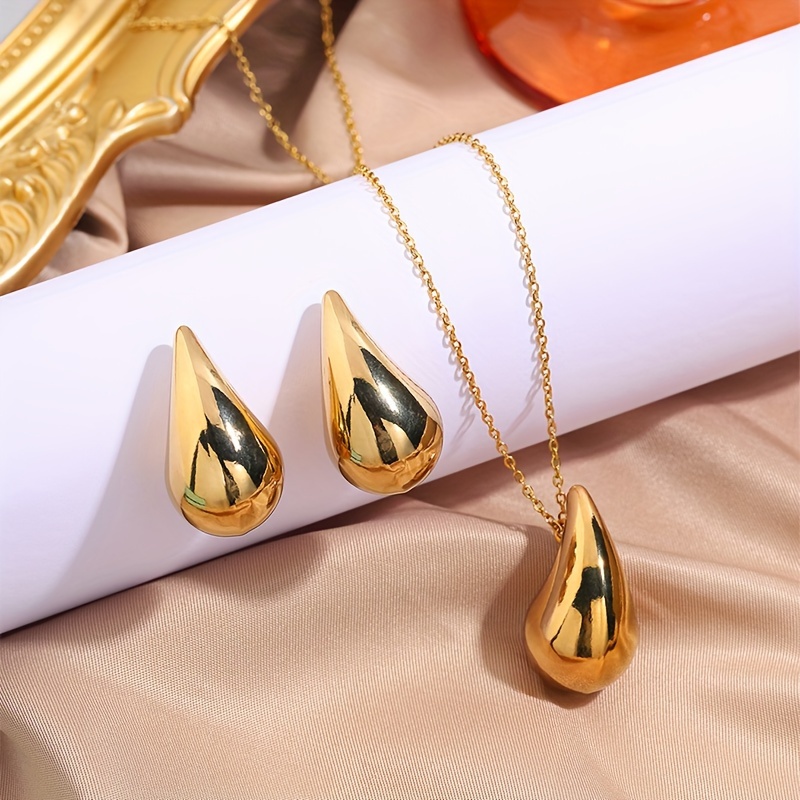 

2pcs Of Simple And Fashionable, Elegant Temperament Stainless Steel Water Drop Necklace + Water Drop Earrings Jewelry Set, Elegant And Fashionable Representatives, Suitable For Banquet Wear