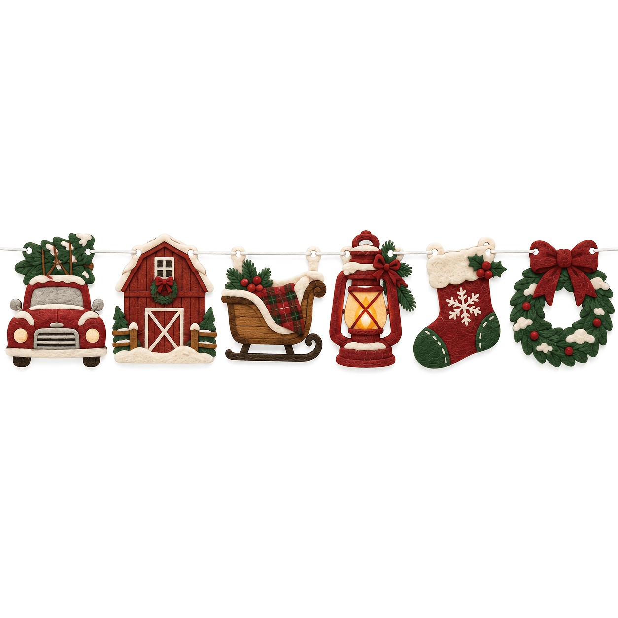 TEMU Guirnalda de pancartas de fieltro navideño de 6 piezas con camión, , , farol, calcetín y corona de estilo vintage para chimenea, , comedor,