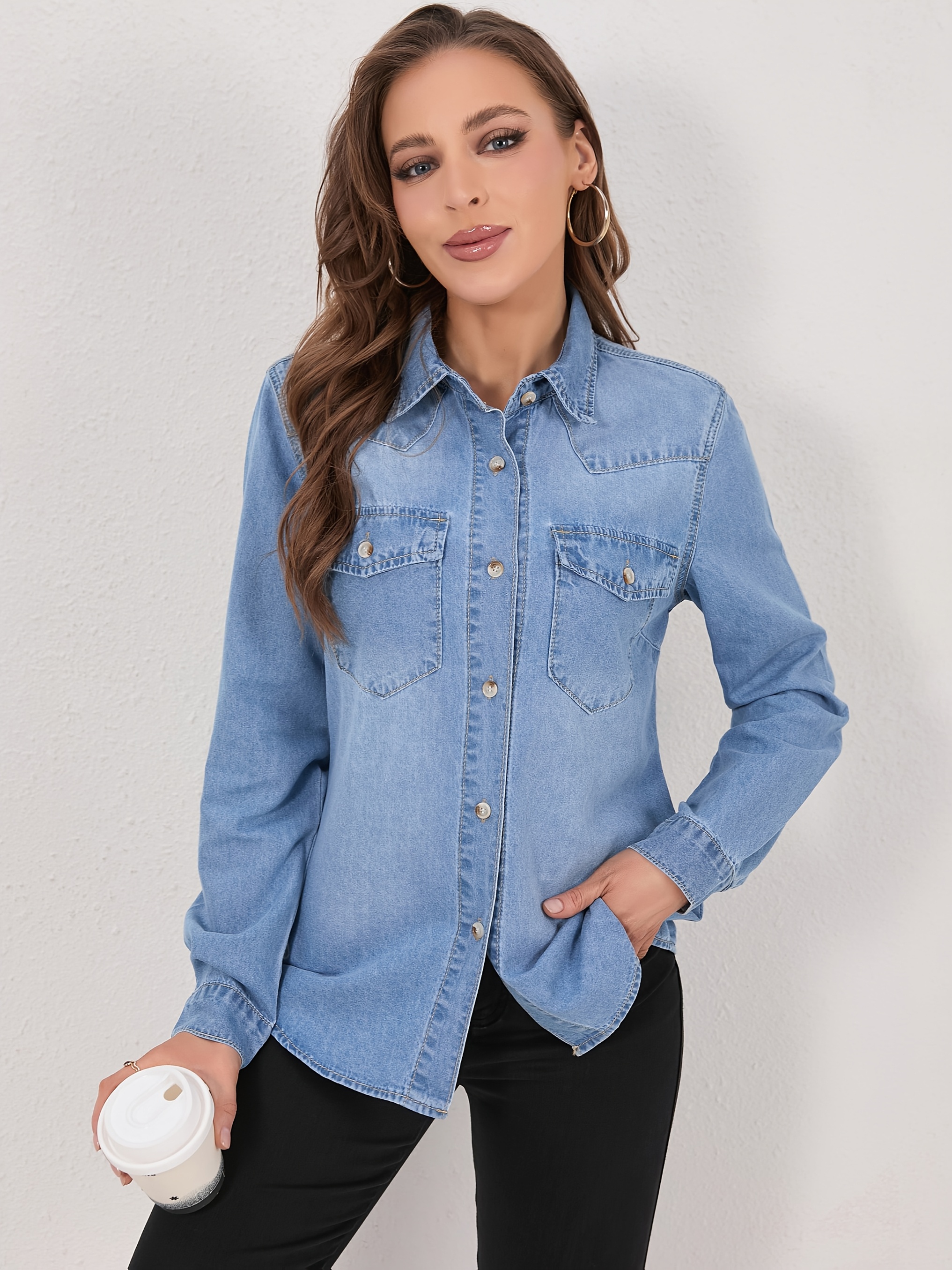 women' blue denim long sleeve button shirt casual Temu Mauritius