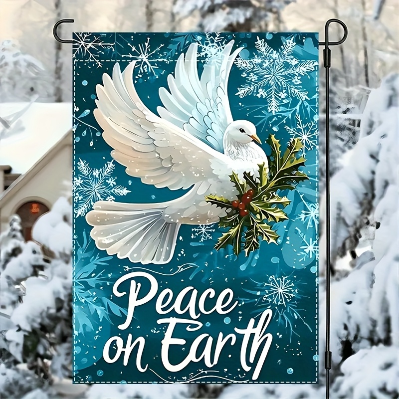 TEMU 2d Flat, 1pc Winter Peace & Holly Garden Flag - With Red Berries, Teal Snowflake Background - Weatherproof Outdoor Decoration For Christmas,
