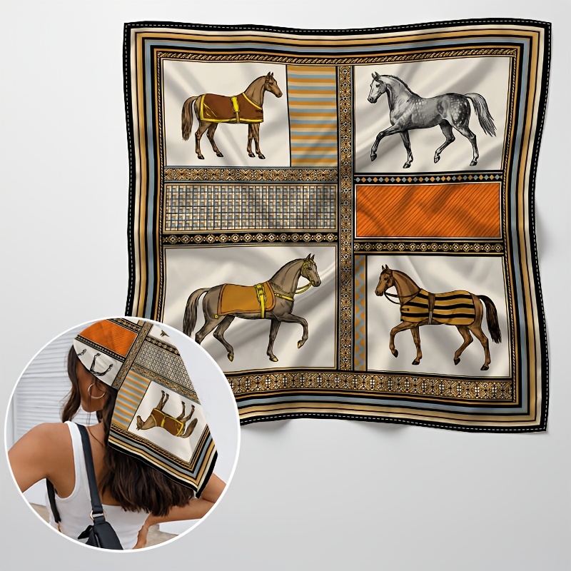TEMU 1pc Vintage Headscarf For Women, Horse Animal & Plaid Pattern Breathable, And Not Stuffy. Perfect For Daily , Dates, , Outdoor Activities, Beach