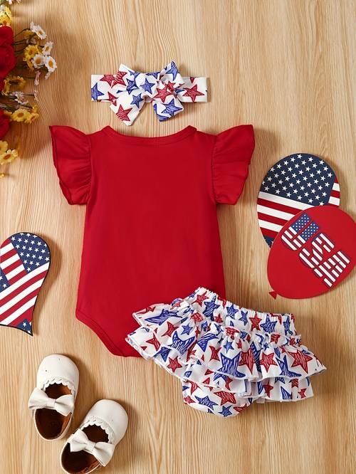 3pcs baby girl summer embroidered shoulder short sleeve khaki print lace shorts hair band set of three