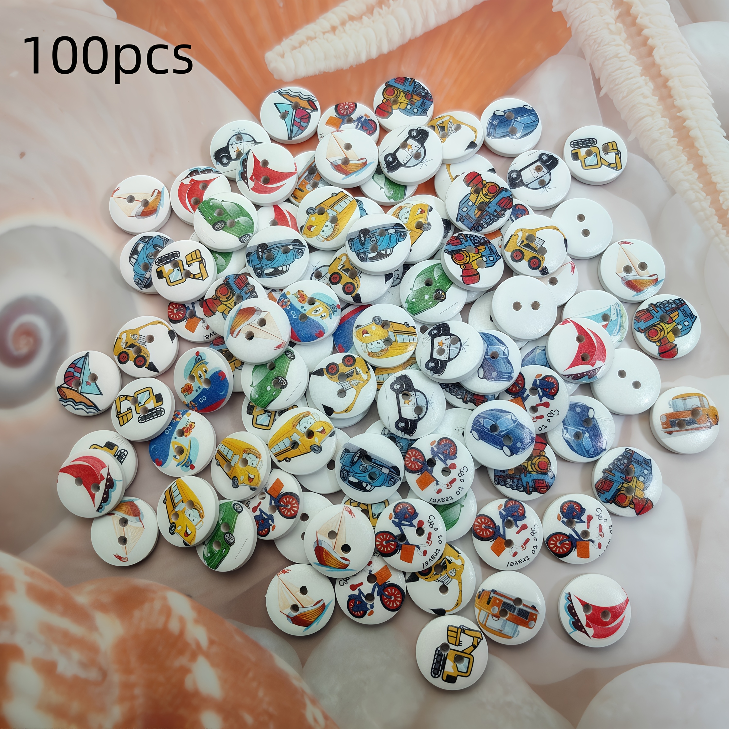 Image of 100pcs Wooden Buttons Set, Mixed Color Vintage Car And Boat Print, Decorative Sewing Buttons For Diy Crafts, Clothing, And Bag Embellishments