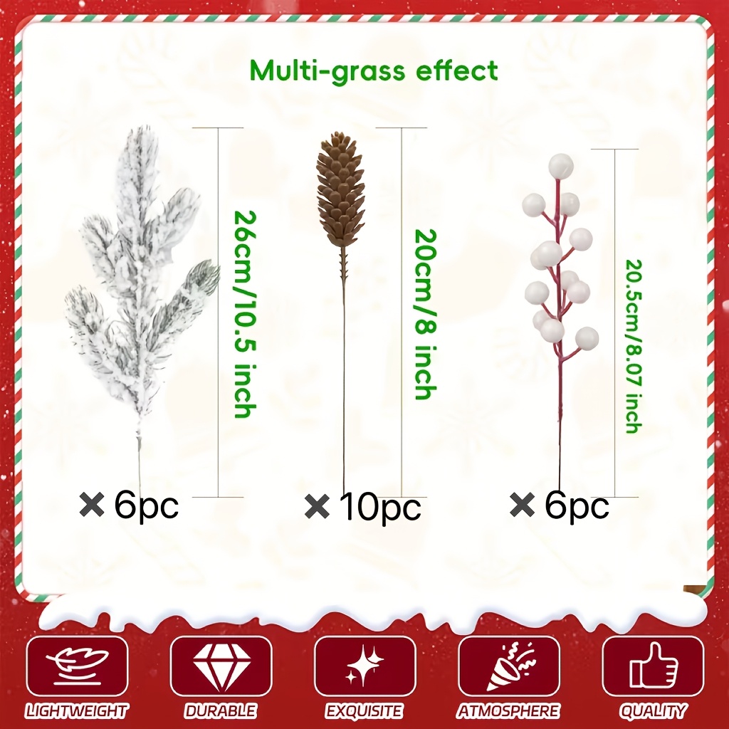 TEMU 22pcs Artificial Flower Bouquet Of Fir Needles And Leaves, Pinecones, White Berries For Christmas Decoration, Reusable, For Christmas, Holiday
