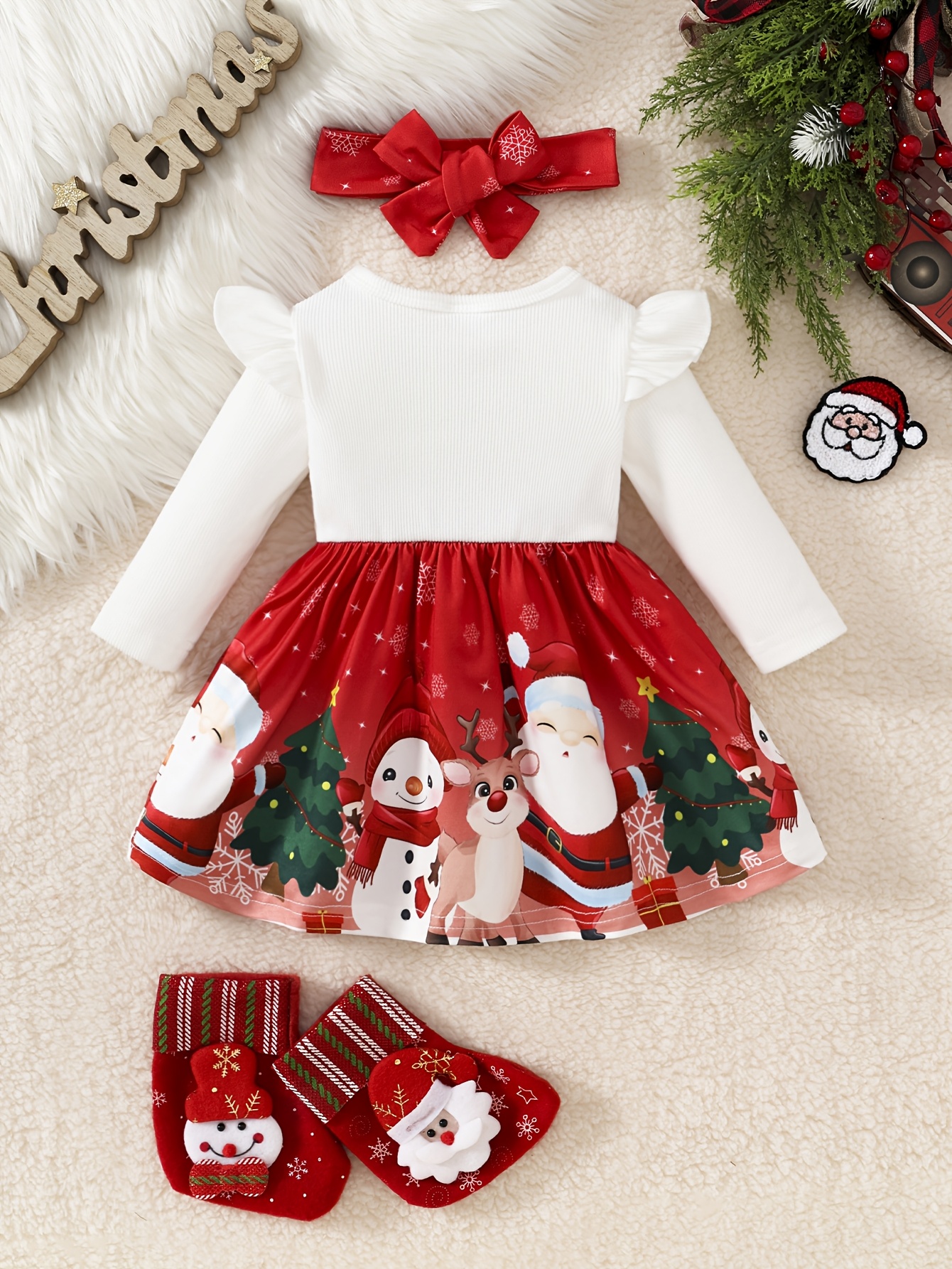 2pcs Infant & Toddler Long-Sleeve Santa Claus Print Bow 2-in-1 Look Dress +  Headscarf Christmas Party Outfit