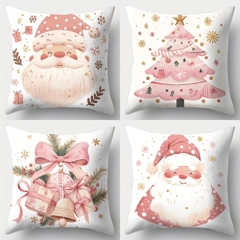 TEMU 4pcs New Christmas Theme Pink Pillowcase, Santa Claus And Bell Elements, 17.72 X 17.72, Suitable For Living Room Sofa, Bed, Bedroom Home