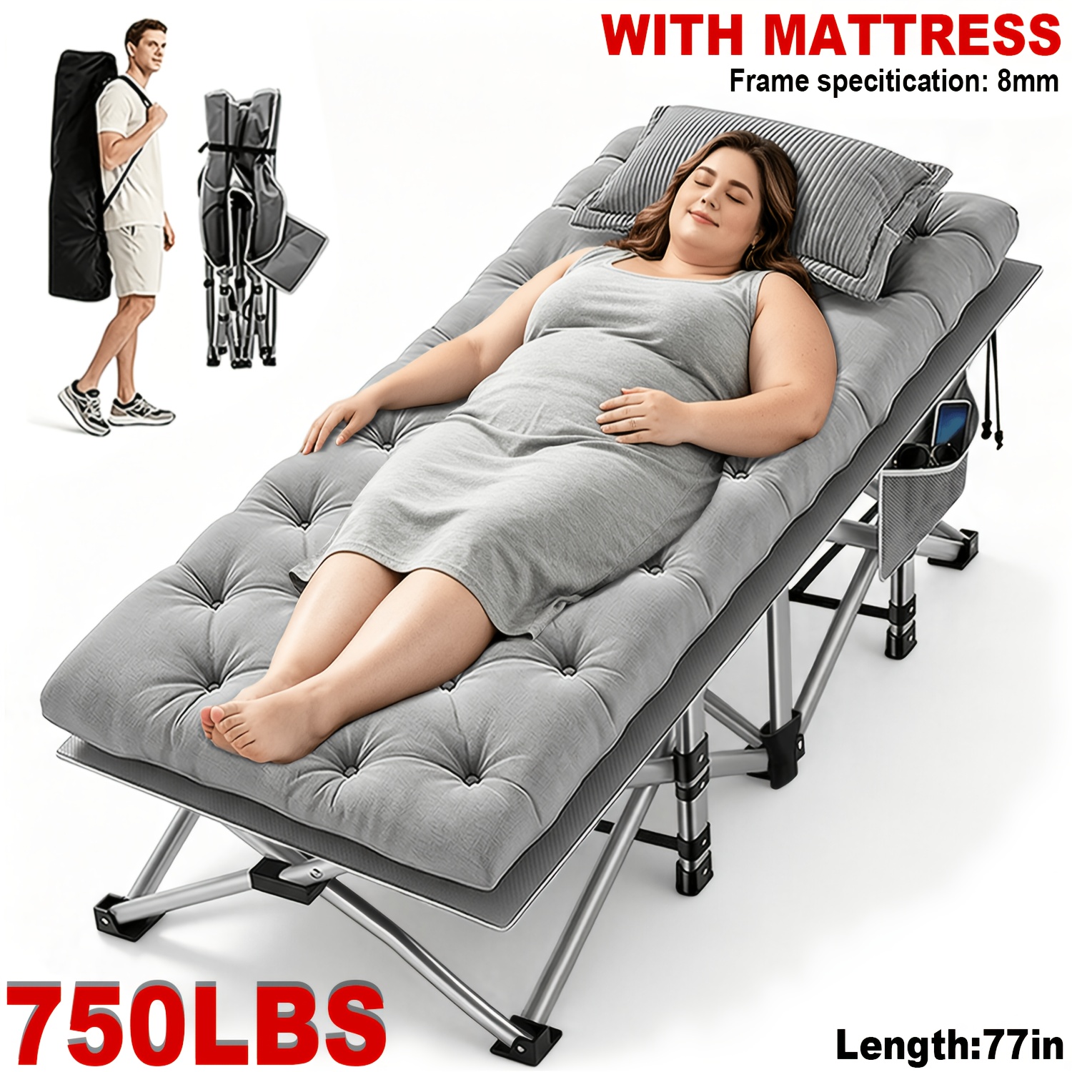 TEMU 1 Heavy-duty Folding Bed With A Weight Capacity Of 150/550/650/750 Lbs (with/without Mattress Optional). Camping Cot With Double-sided Mattress