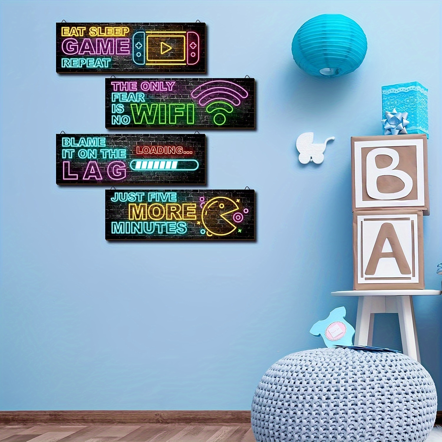 Neon Gaming Wall Art Set Inspirational Quotes Wooden Video - Temu