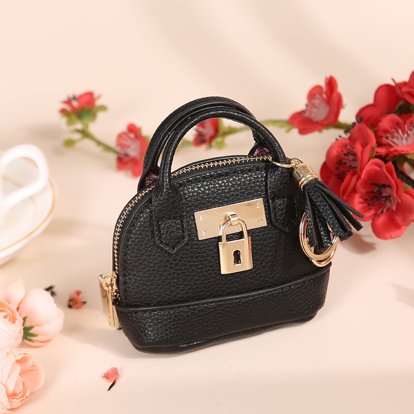 TEMU Trendy Half- Small Bag, Mini Portable Coin Purse Made Of High-quality Materials, Featuring A Decorative Lock, Smooth Zipper Closure, Tassel