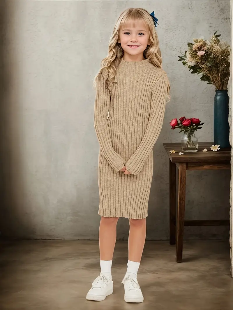 Directional Development: Casual Solid Color Ribbed Knit Long Sleeve Stand Collar Dress Directional Development: Casual Solid Color Ribbed Knit Long Sleeve Stand Collar Dress