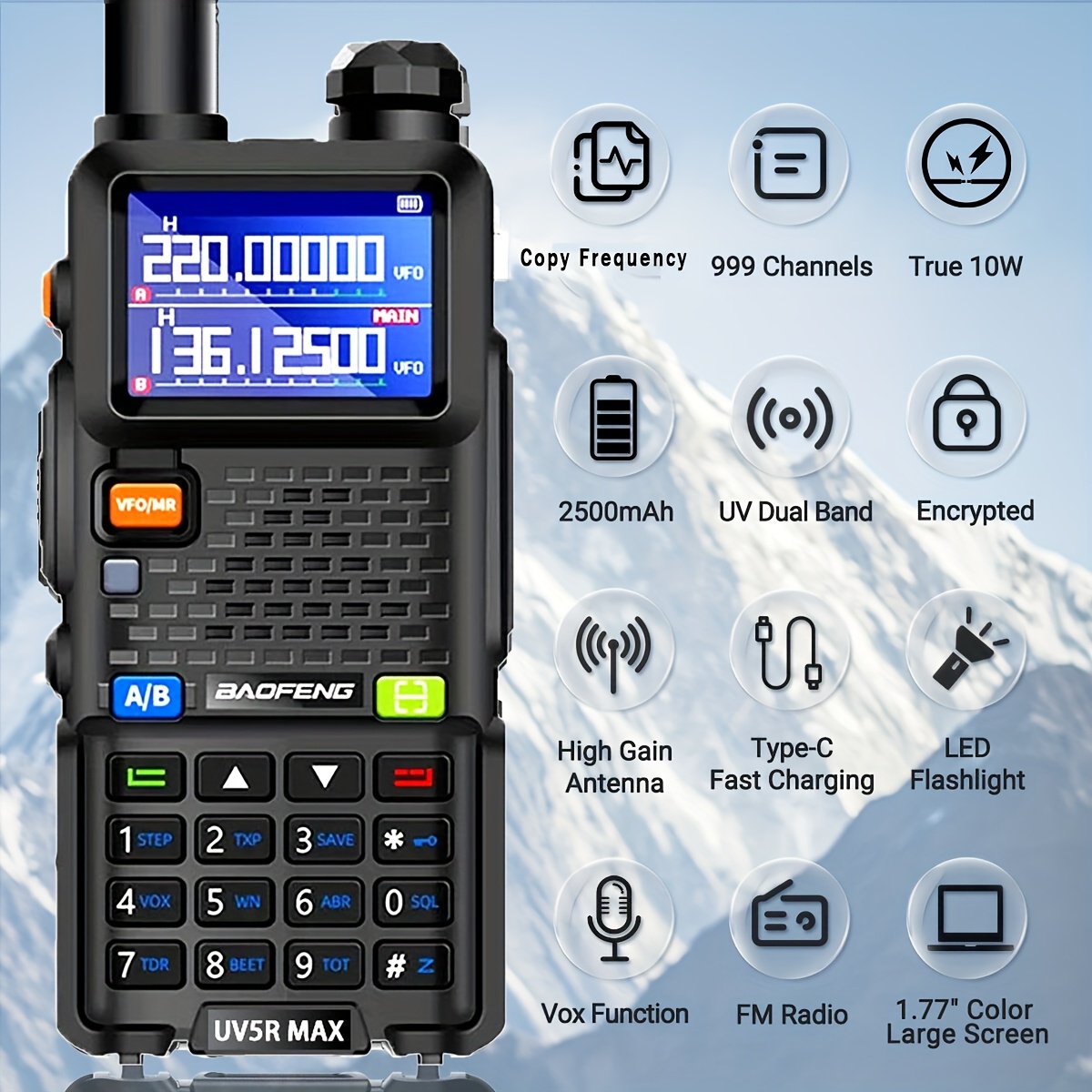   10w/5w/1w воки токи со долг домет и батерија, безжично копирање на фреквенции, 999 канали, рачен   прибор со висока чувствителност за итни случаи на отворено,   функција, 6-сегментна фреквенција, uhf опсег, usb-c полнач Детали за производот 0