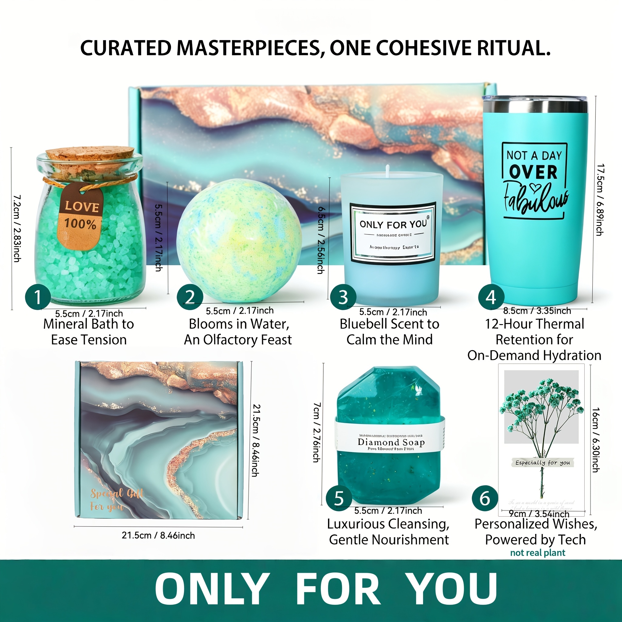Elegant Teal Spa Gift Set - Bath Gift Set for Women, Includes Bath Bombs, Bath Salts, Insulated Mug, Scented Candle, Postcard, Soap. Perfect Gift for Birthdays, Valentine's Day, Thanksgiving, Christmas, New Year's, Anniversaries, and Easter Baskets
