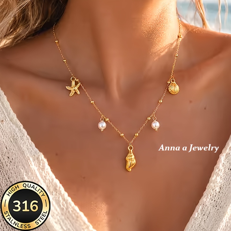 Women's Ocean-Themed Conch Pendant Necklace, 18K Gold Plated