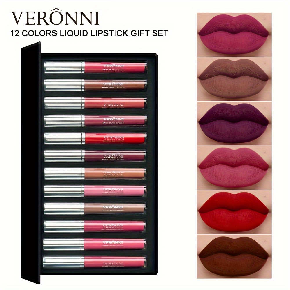 Image of Veronni12 Pack Lip Glaze Lipstick Matte Lipstick Lasting Cup Non-fading Music Festival Christmas Makeup Used In Many Occasions.plant Squalane With Plant Squalane