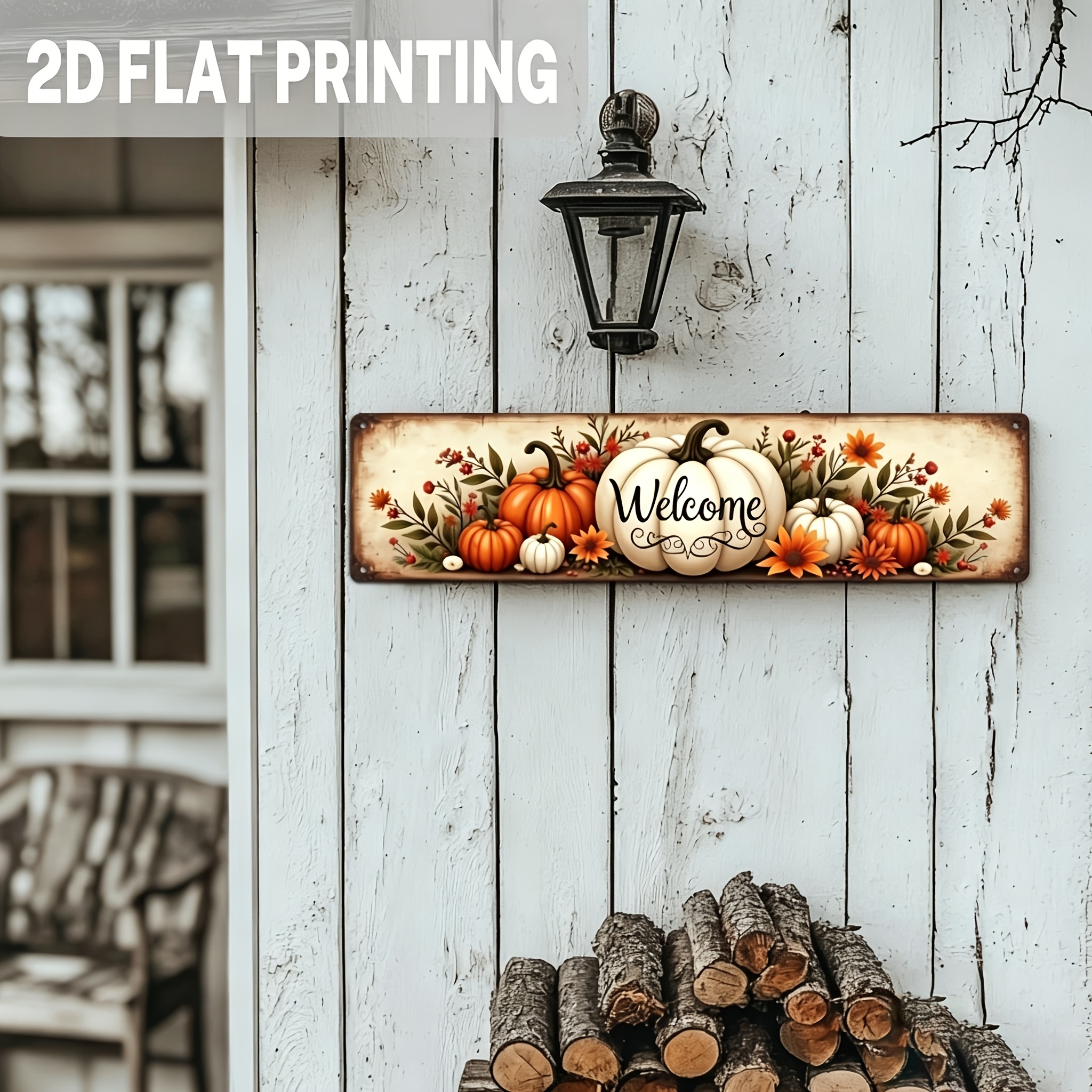TEMU 2d Flat, 1pc 2d Flat Printed Wooden Rustic Farmhouse Welcome Wall Decor - Vintage Decoration, Pumpkin, Leaves, And Wreath Design, Orange, Brown,